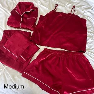 Womens 4pcs Pajama Set Silk Satin Sleepwear med
